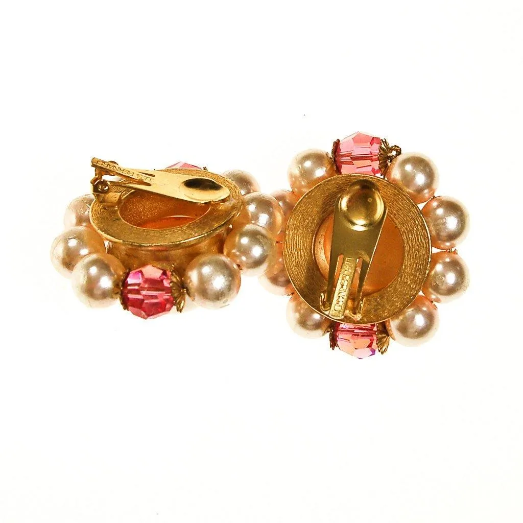 Les Bernard Pearl and Pink Crystal Statement Earrings