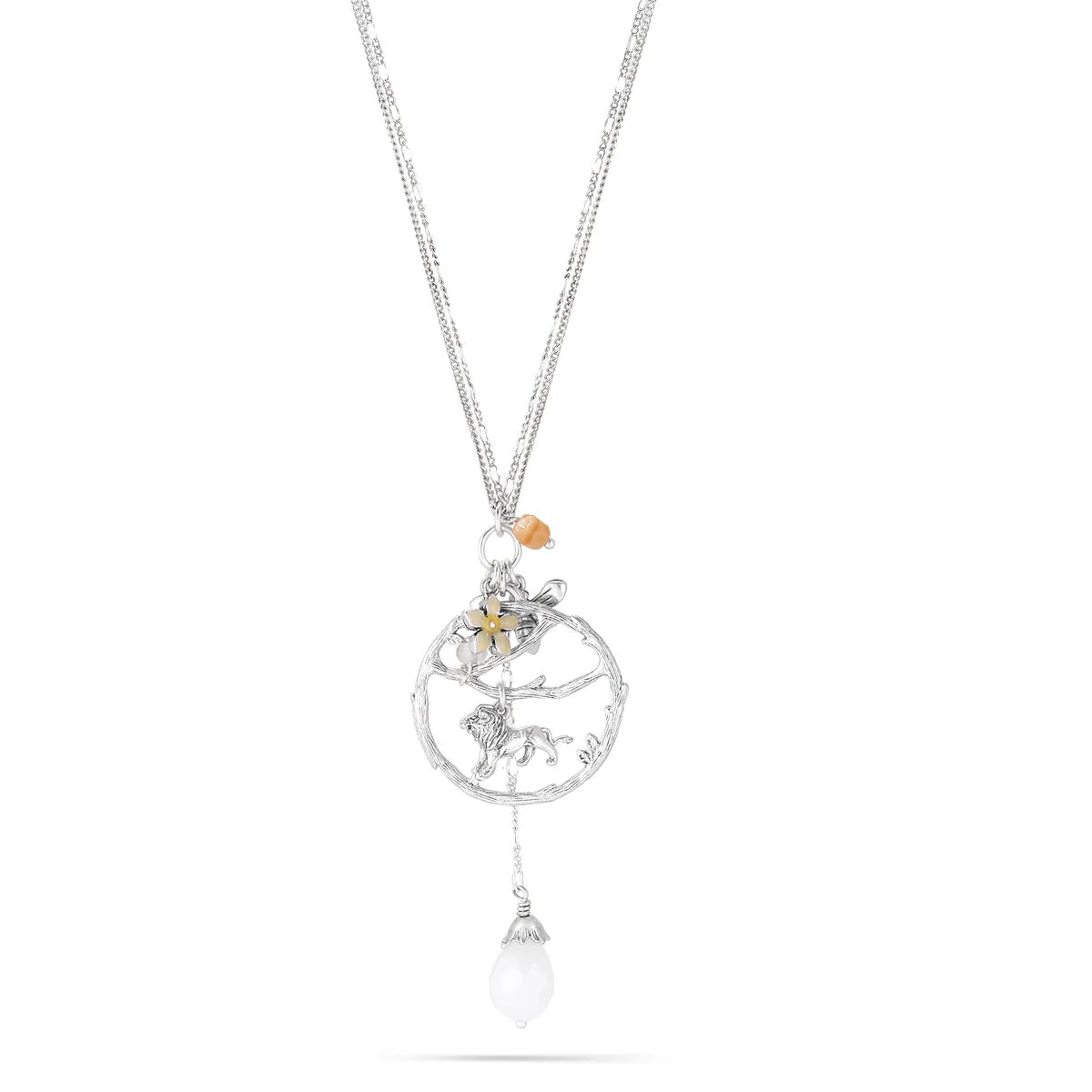 LION FLOWER AND BEE CHARMS WHITE BEADS DROP NECKLACES #203NT1501 (10G1/1D20)