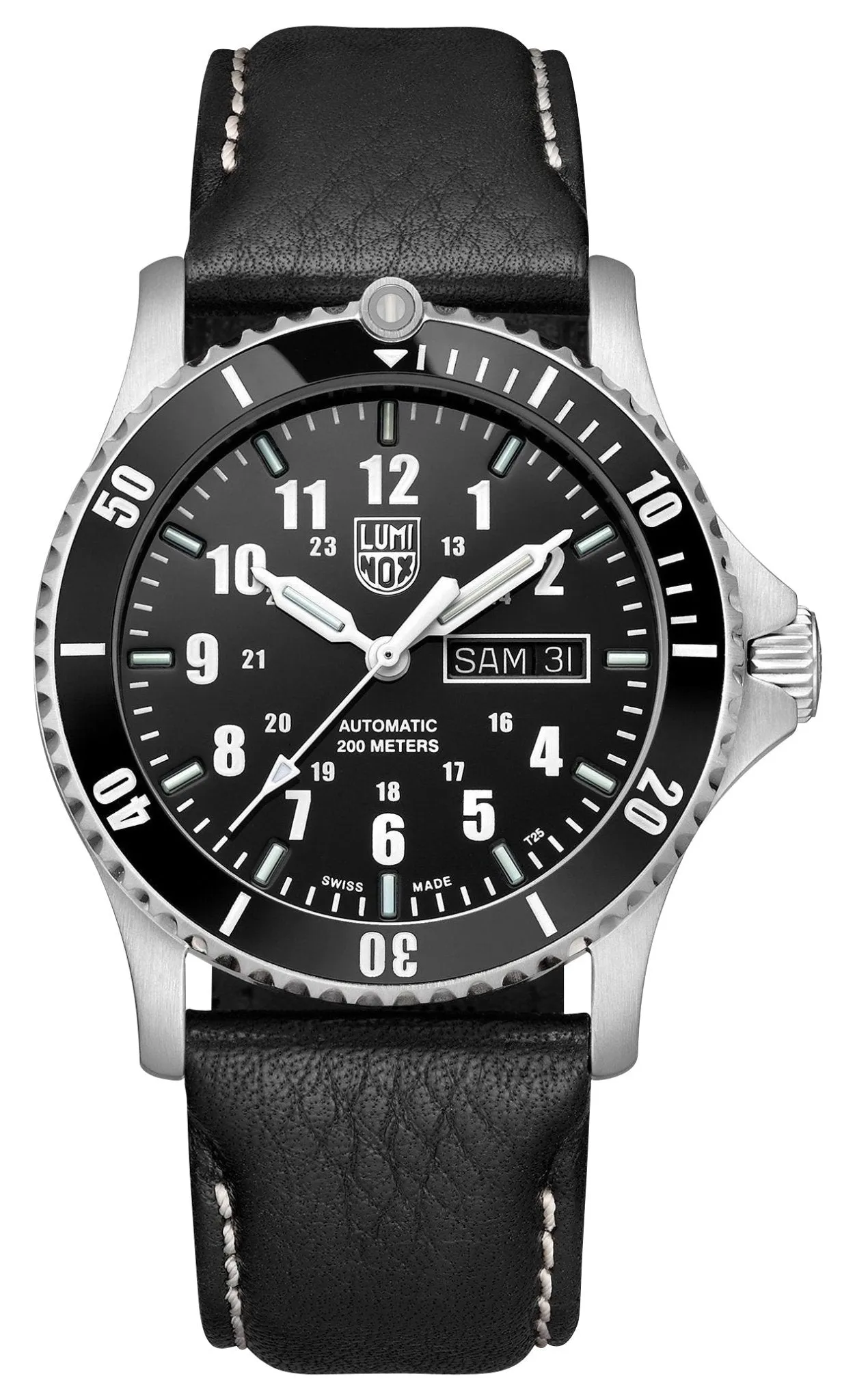 Luminox Sport Timer Automatic Stainless Steel Black Dial Black Leather Strap Day/Date Divers Mens Watch XS.0921