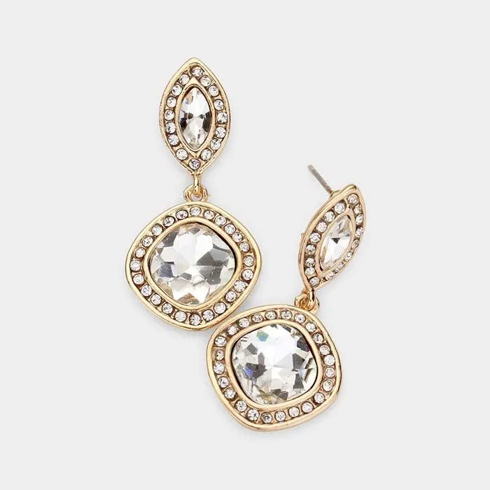 Marquise & Square Clear Crystal Gold Evening Earrings