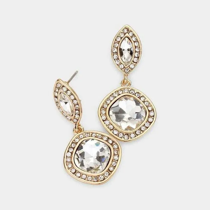 Marquise & Square Clear Crystal Gold Evening Earrings