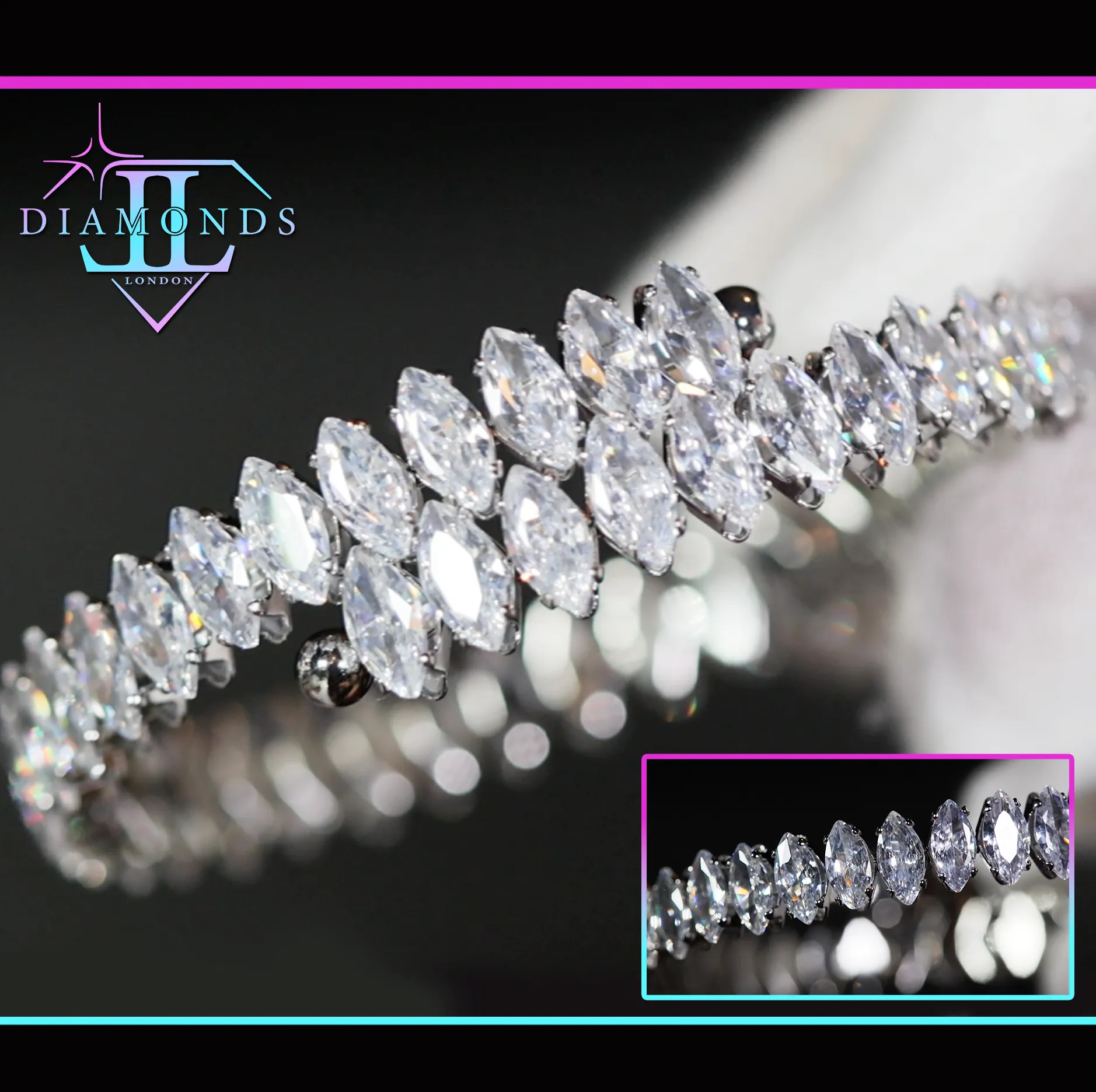 Marquise Diamond Bangle | Womens Marquise Diamond Bracelet | Silver Diamond Bracelets