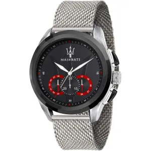 Maserati Traguardo Silver Mesh Braselet Black Dial Quartz Watch for Gents - R8873612005