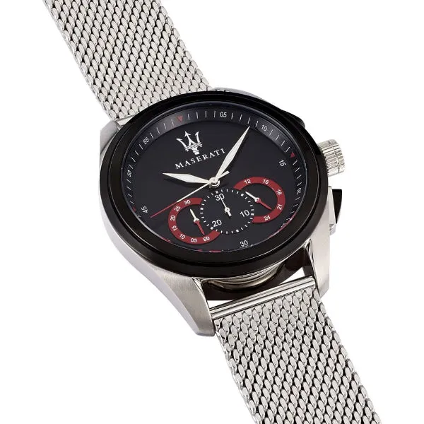 Maserati Traguardo Silver Mesh Braselet Black Dial Quartz Watch for Gents - R8873612005