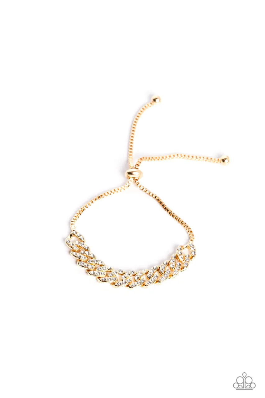 Mecca Metro - Gold - White Rhinestone Encrusted Chain Paparazzi Bolo Lariat Bracelet