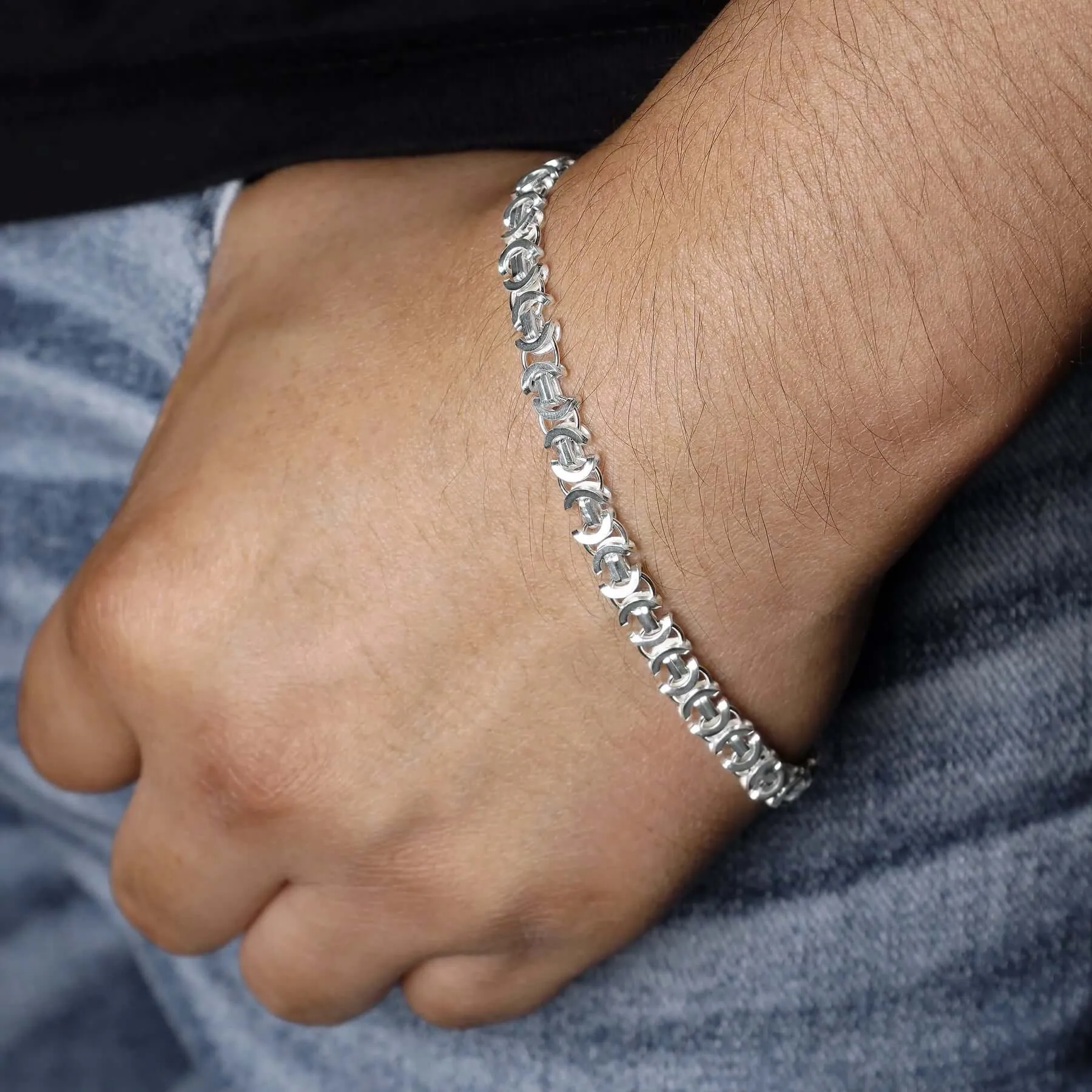 Men's 925 Silver Byzantine Chain Bracelet Flat King Link 6mm