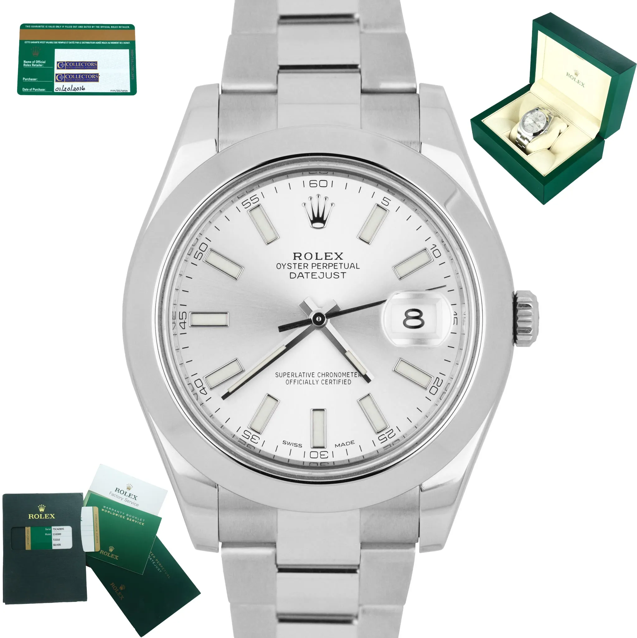 MINT 2016 Rolex DateJust II 41mm 116300 Silver Smooth Stainless Oyster Watch