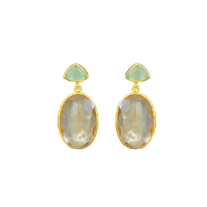 Mint Chalcedony and Champagne Crystal Oval Drop Earrings
