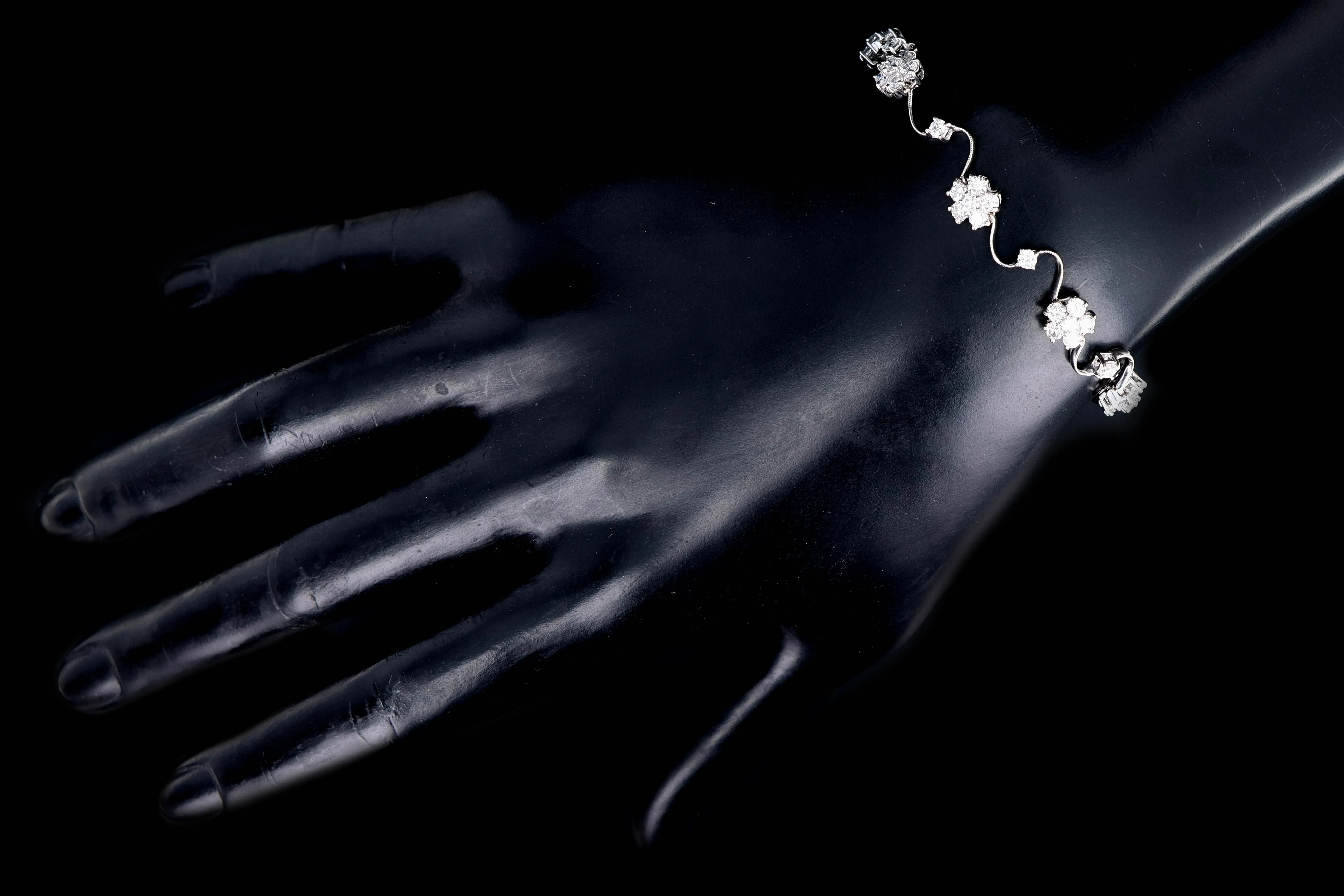 Modern 14K White Gold 3 Carat Round Brilliant Diamond Flower Bracelet