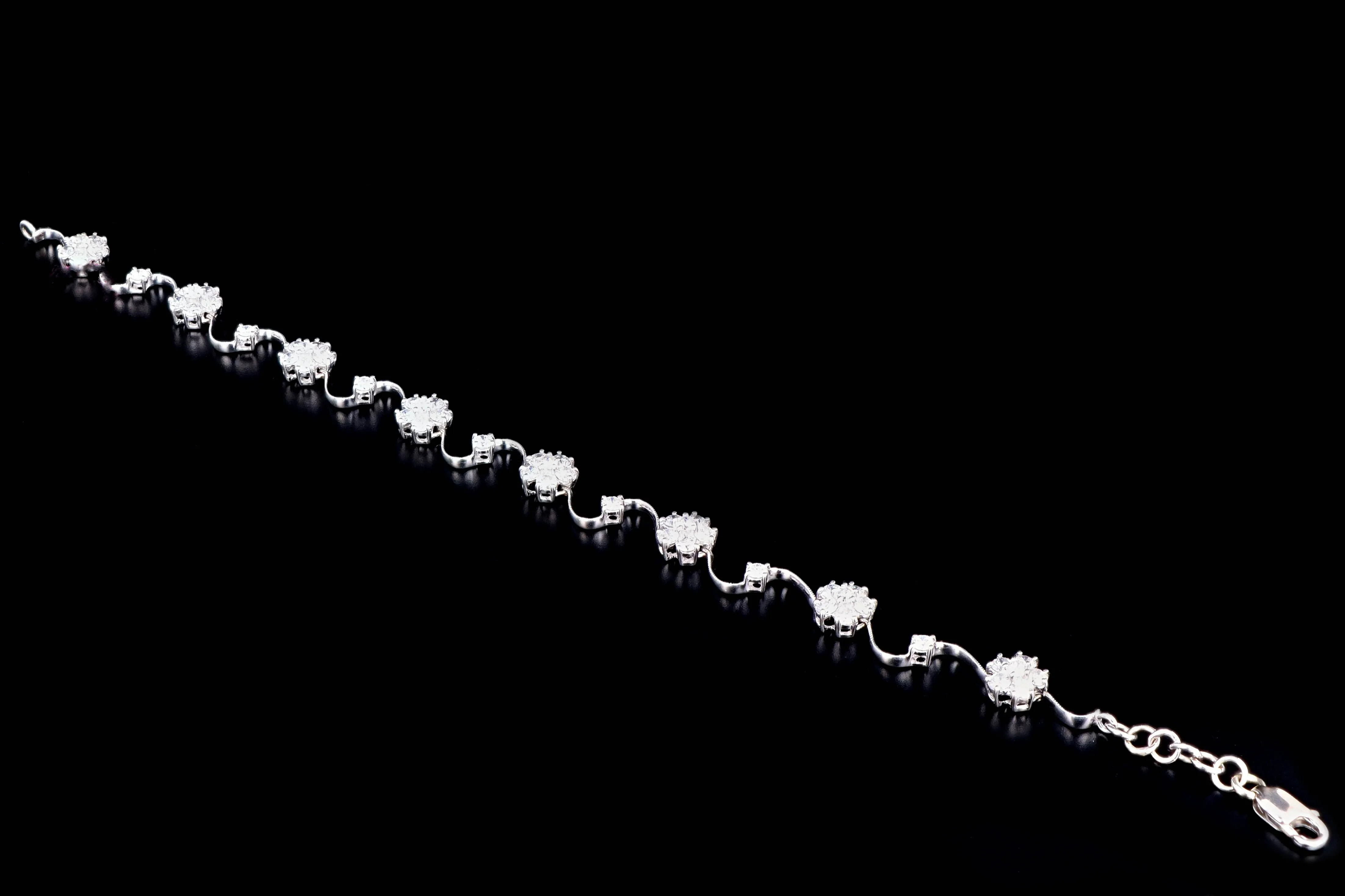 Modern 14K White Gold 3 Carat Round Brilliant Diamond Flower Bracelet