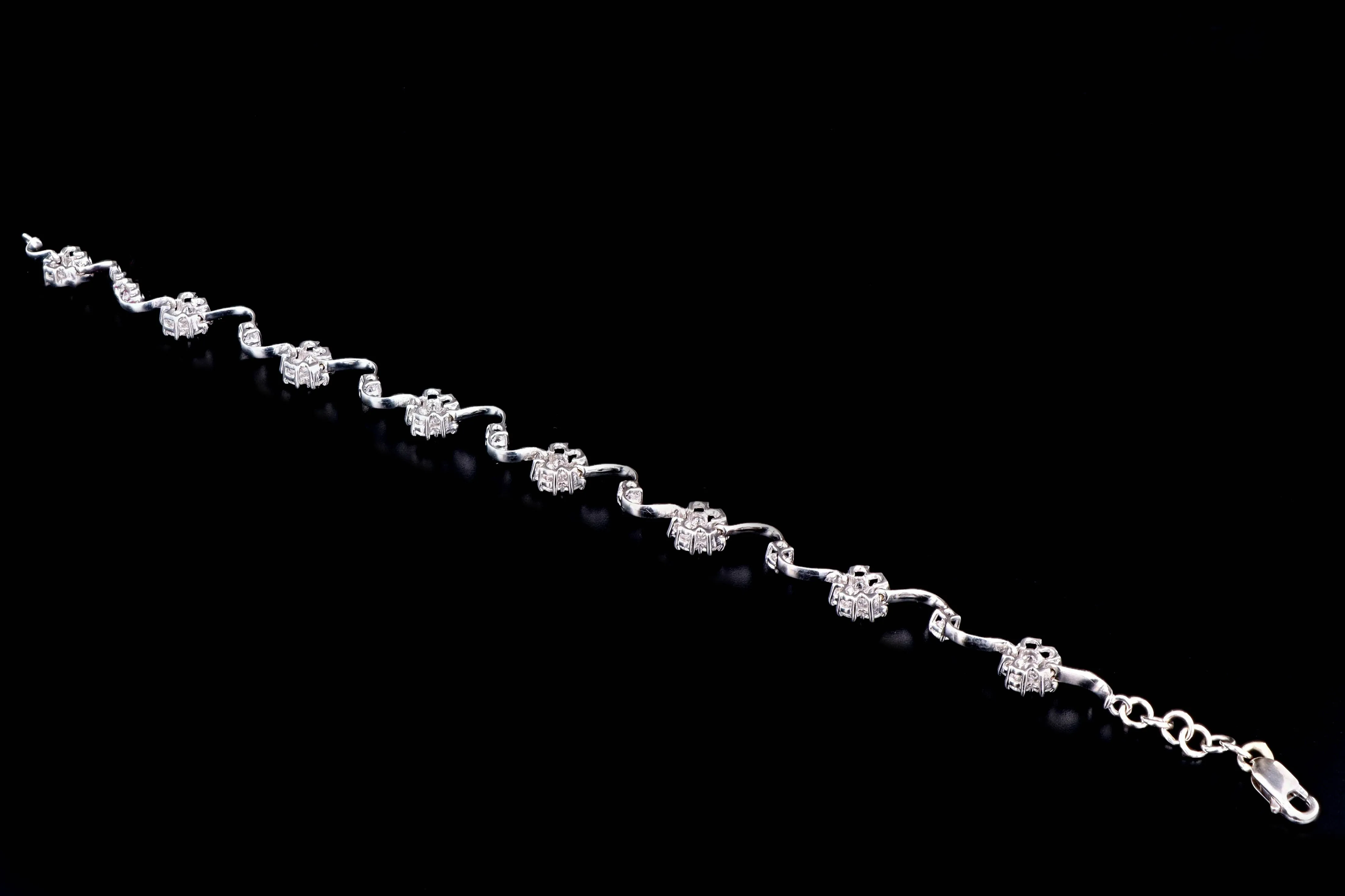Modern 14K White Gold 3 Carat Round Brilliant Diamond Flower Bracelet