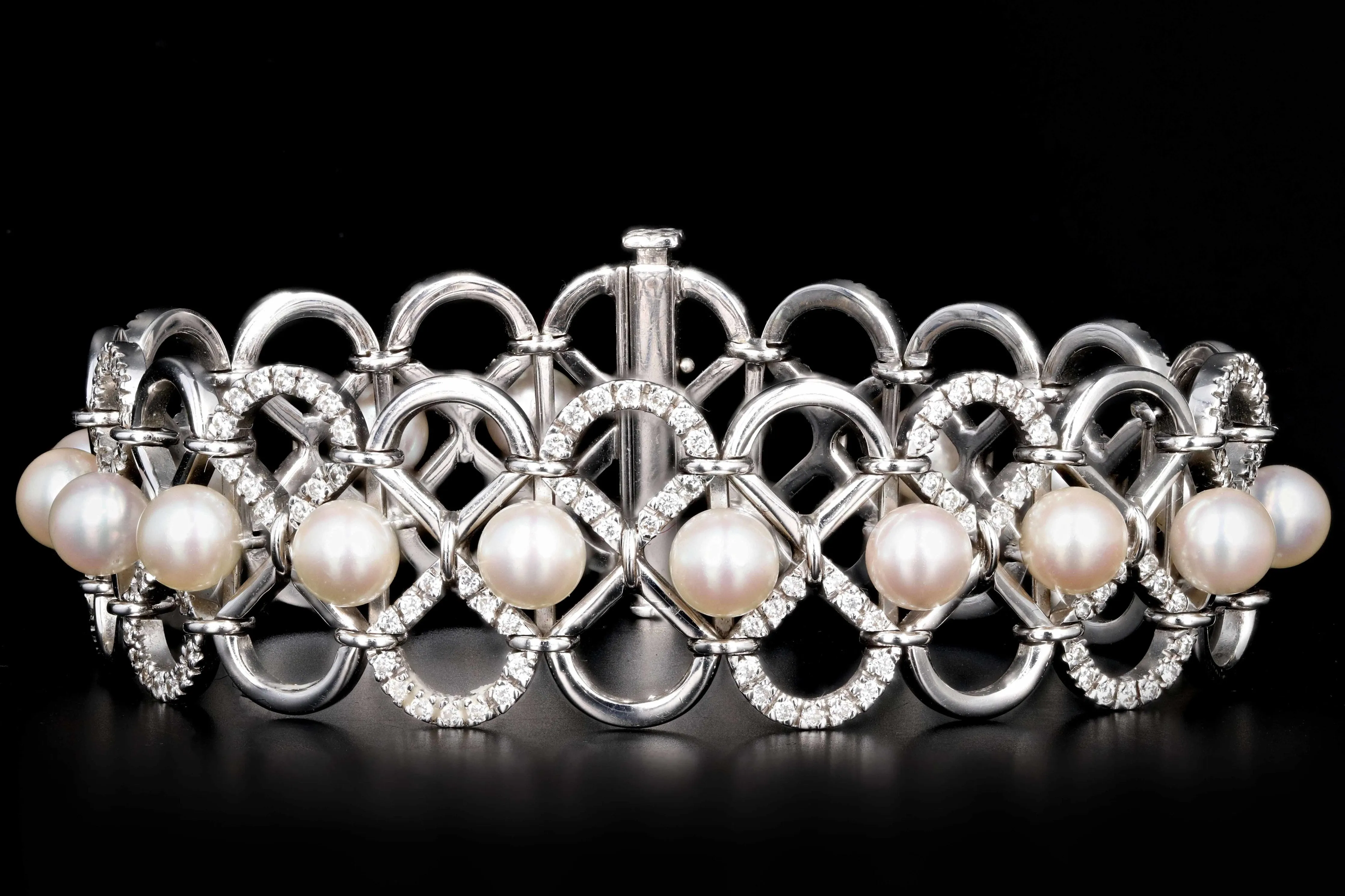 Modern 18K White Gold 6MM Pearl and Diamond Bracelet