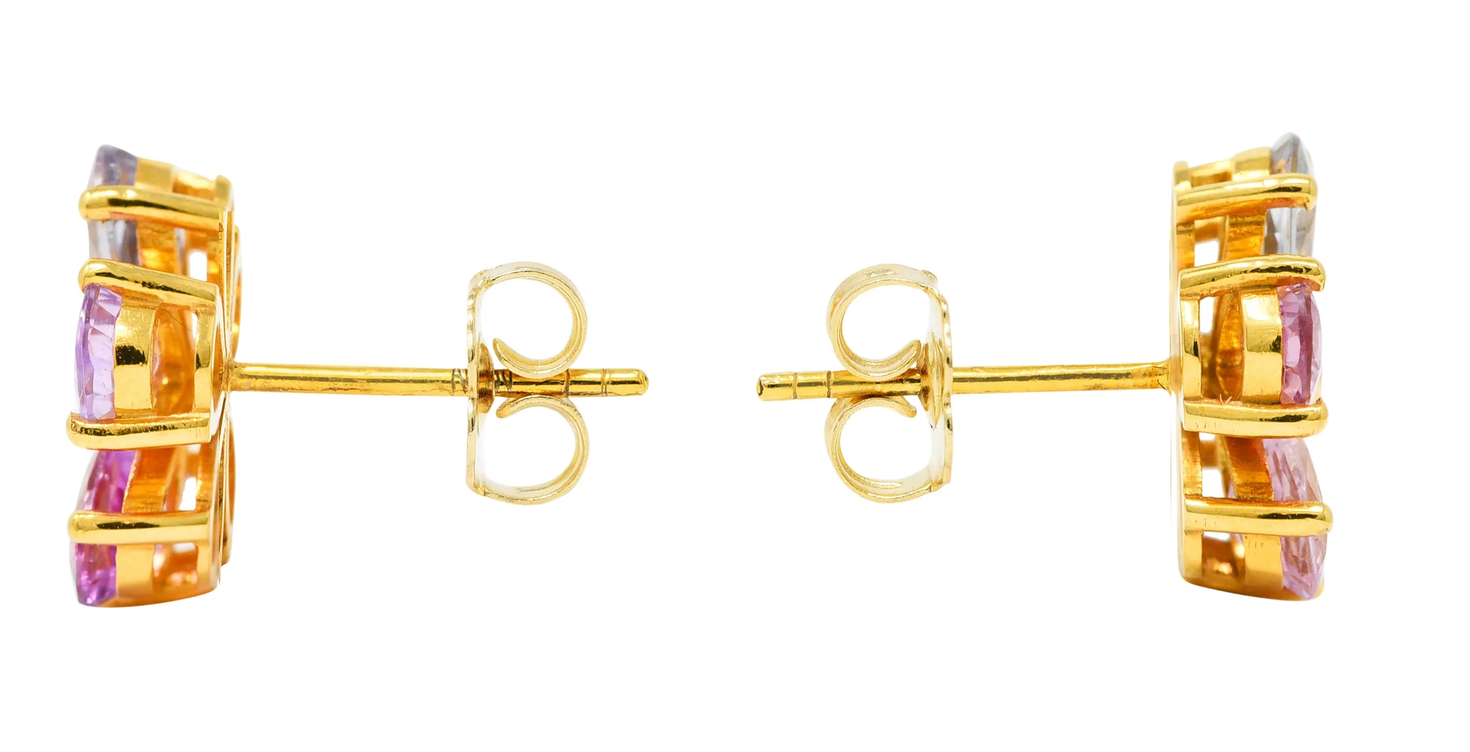 Modern 3.84 CTW Diamond Pear Cut Sapphires 18 Karat Yellow Gold Pastel Flower Cluster Stud Earrings