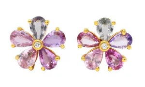 Modern 3.84 CTW Diamond Pear Cut Sapphires 18 Karat Yellow Gold Pastel Flower Cluster Stud Earrings