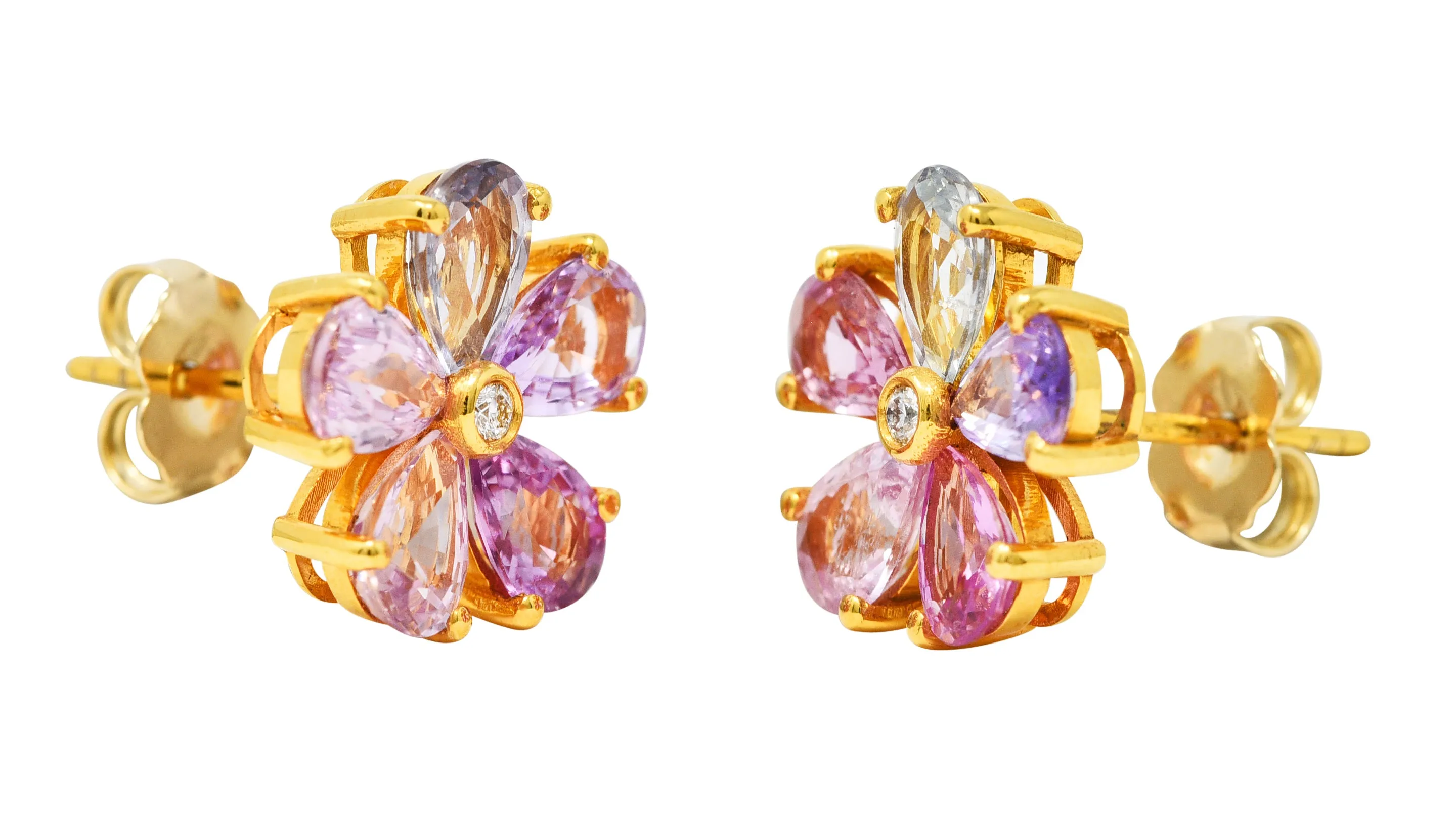 Modern 3.84 CTW Diamond Pear Cut Sapphires 18 Karat Yellow Gold Pastel Flower Cluster Stud Earrings