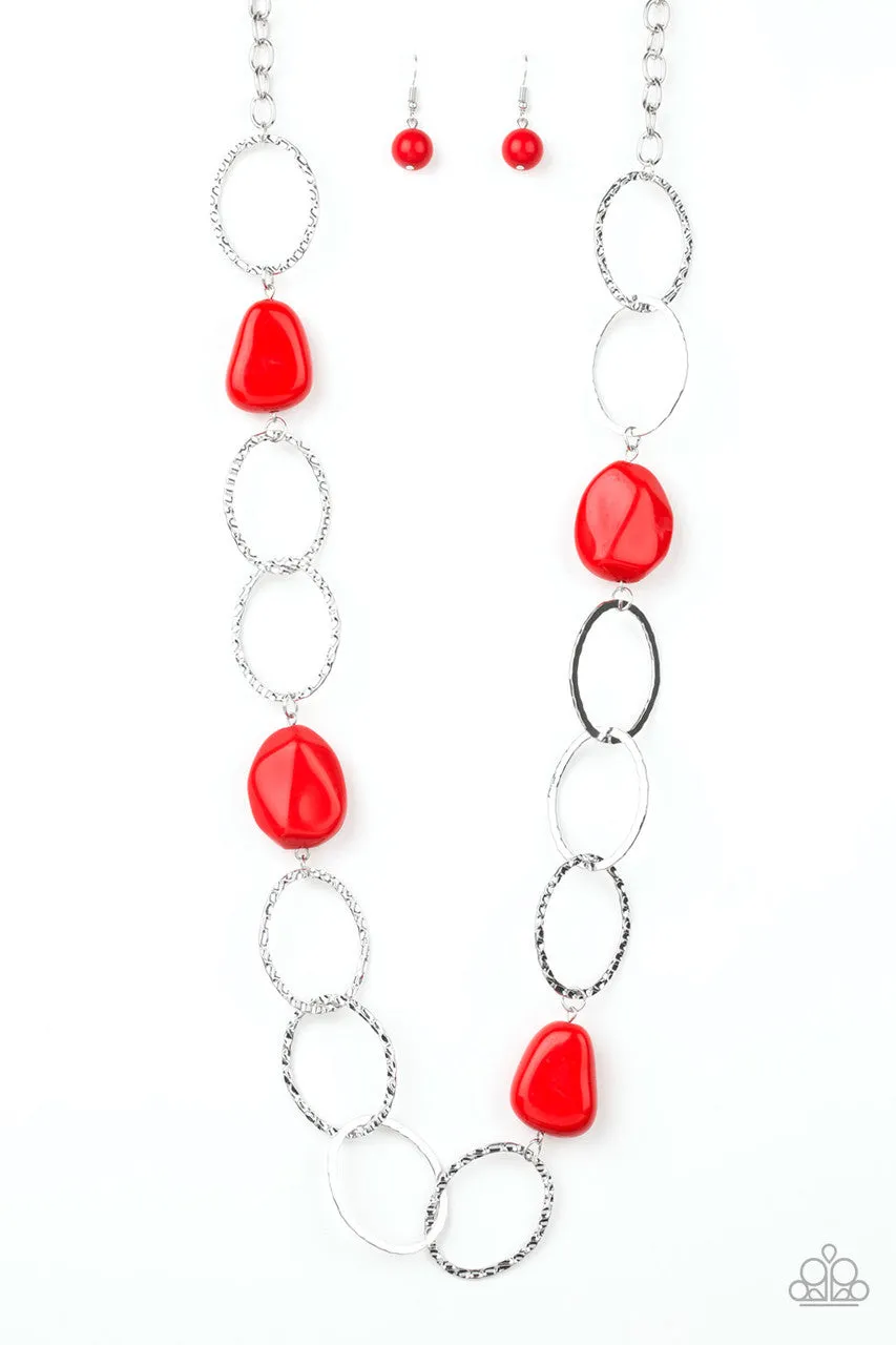 Modern Day Malibu - Red - Oversized Red Bead Silver Chain Paparazzi Long Necklace