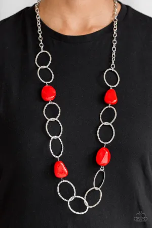 Modern Day Malibu - Red - Oversized Red Bead Silver Chain Paparazzi Long Necklace