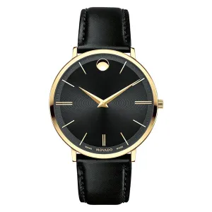 Movado Ultra Slim Black Leather Black Dial Quartz Watch for Gents - 607087