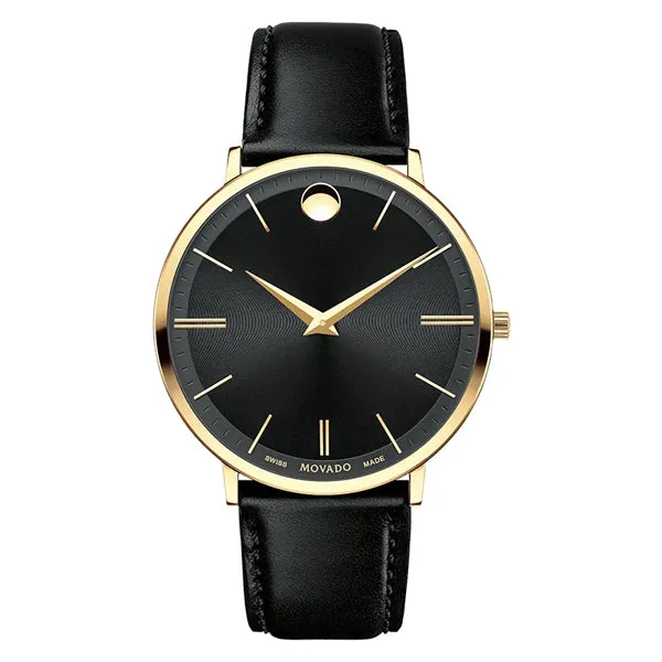 Movado Ultra Slim Black Leather Black Dial Quartz Watch for Gents - 607087