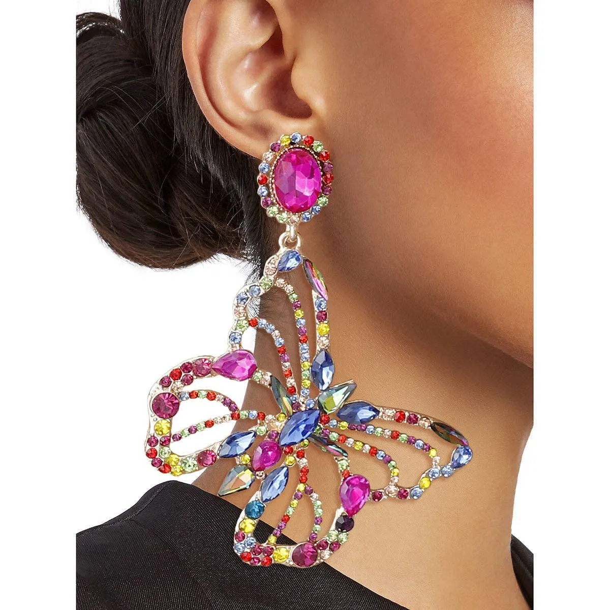 Multi Rhinestone Butterfly Earrings