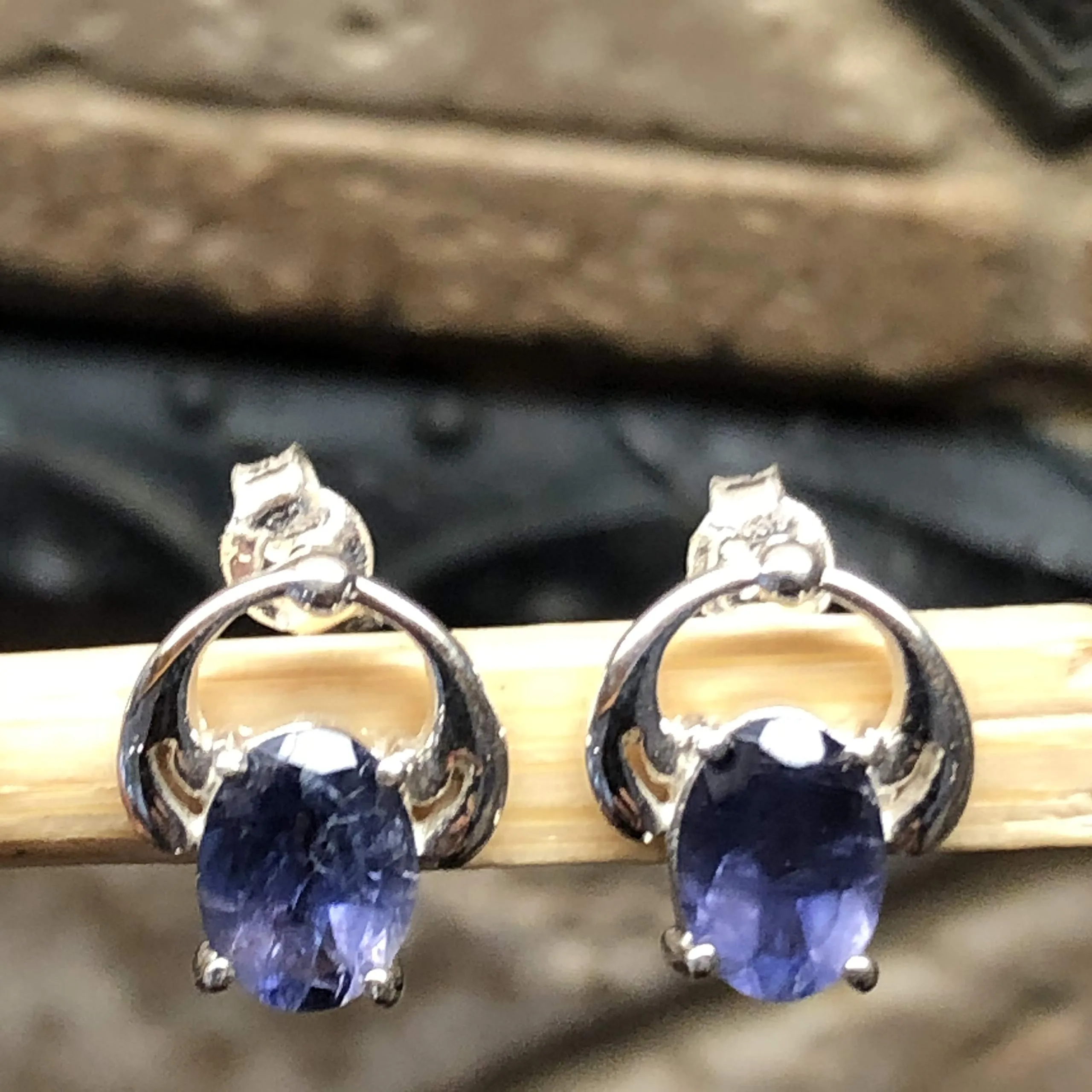 Natural 2ct Iolite 925 Solid Sterling Silver Earrings 11mm