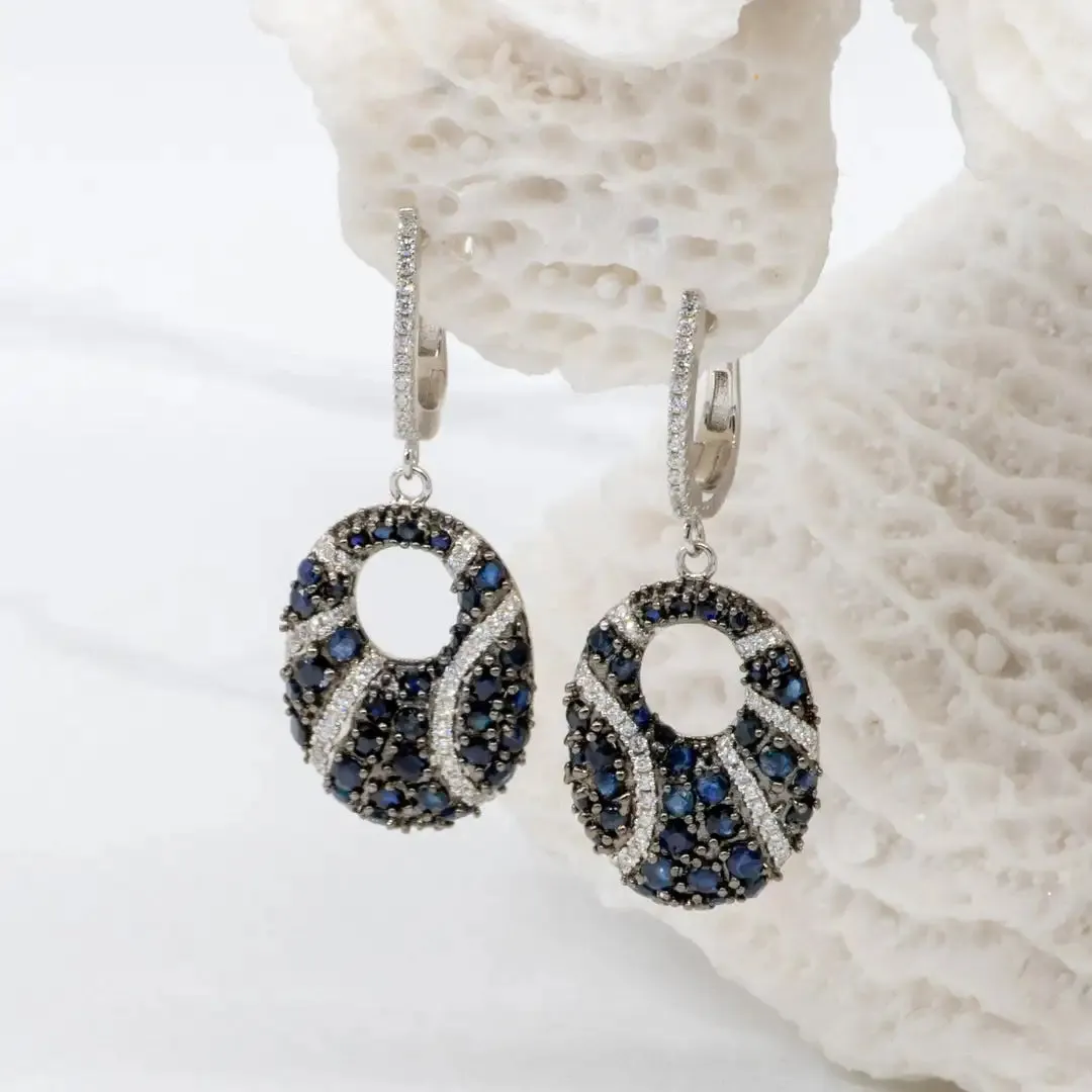 Natural Blue Sapphire Drop Earrings – 925 Sterling Silver Vintage Fine Jewelry