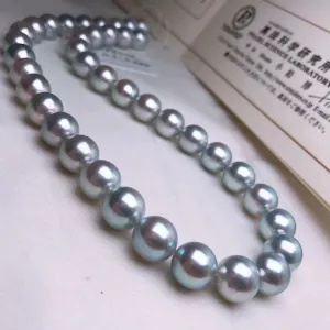 Natural-Color | 10.5-11.0 mm Japanese Silver-Blue Akoya Pearl Necklace - PSL Certificate