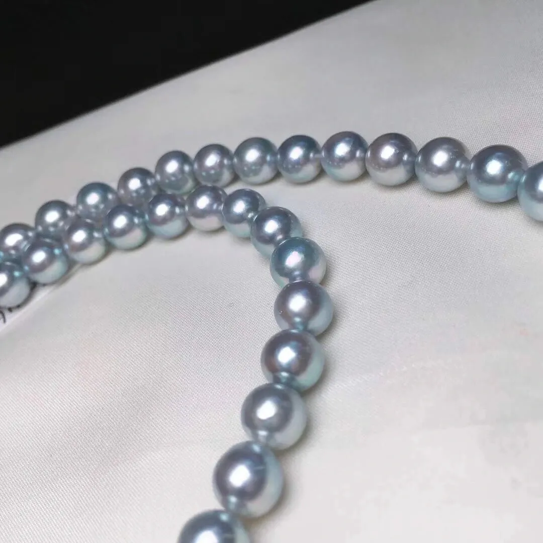 Natural-Color | 8.0-8.5 mm Japanese Silver-Blue Akoya Pearl Necklace - PSL Certificate