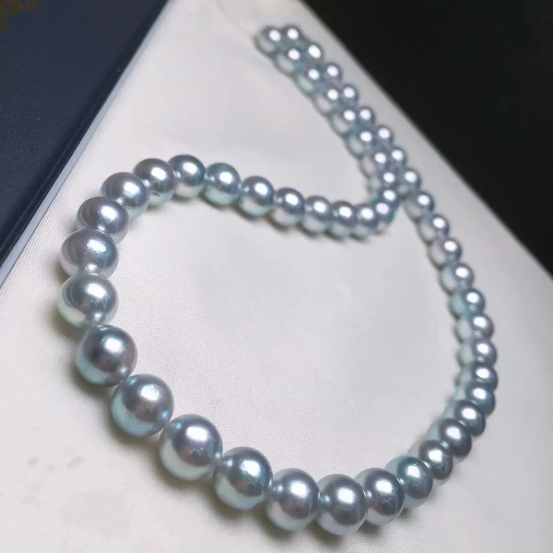 Natural-Color | 8.0-8.5 mm Japanese Silver-Blue Akoya Pearl Necklace - PSL Certificate