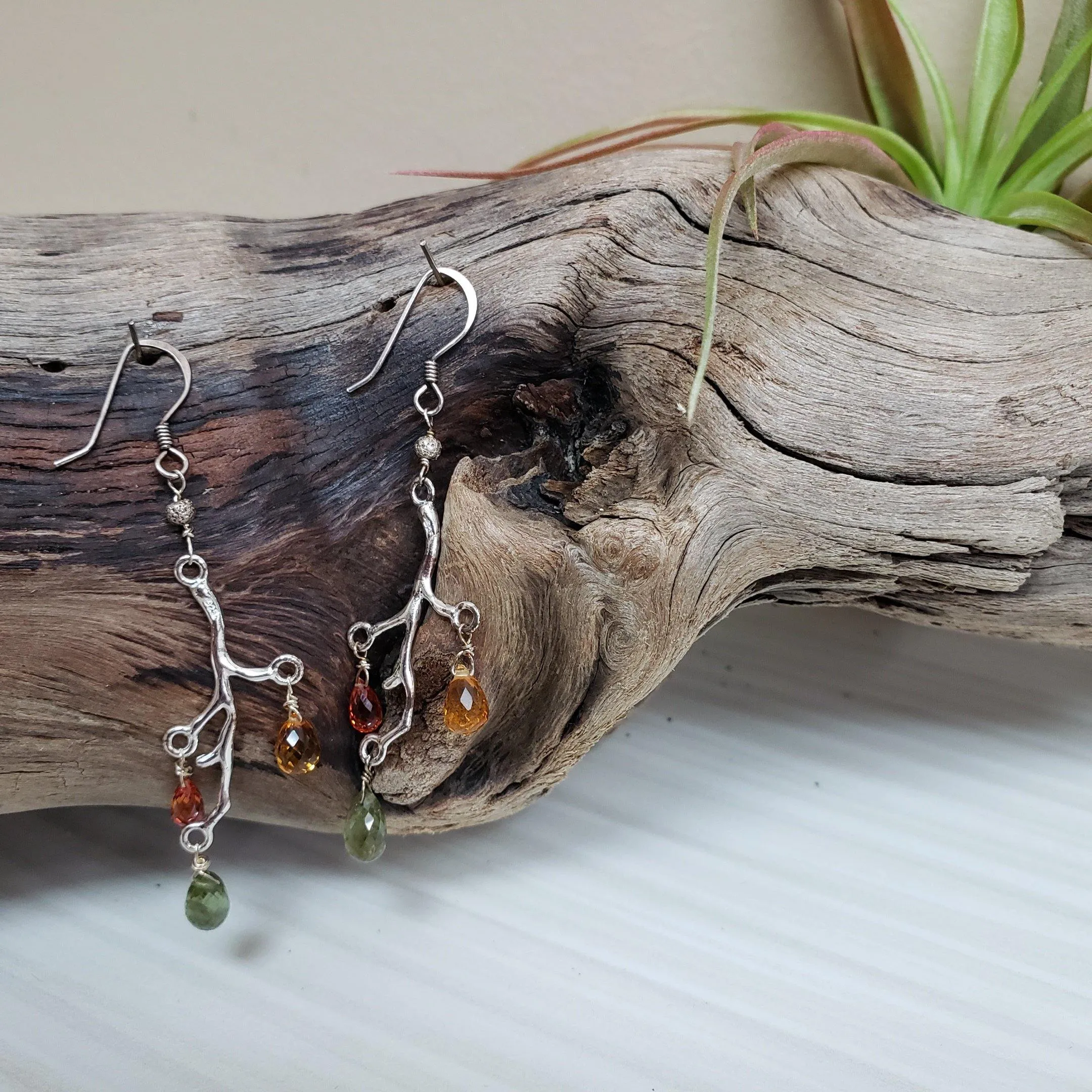 Natural Faceted Multicolor Sapphire Sterling Silver branch earrings
