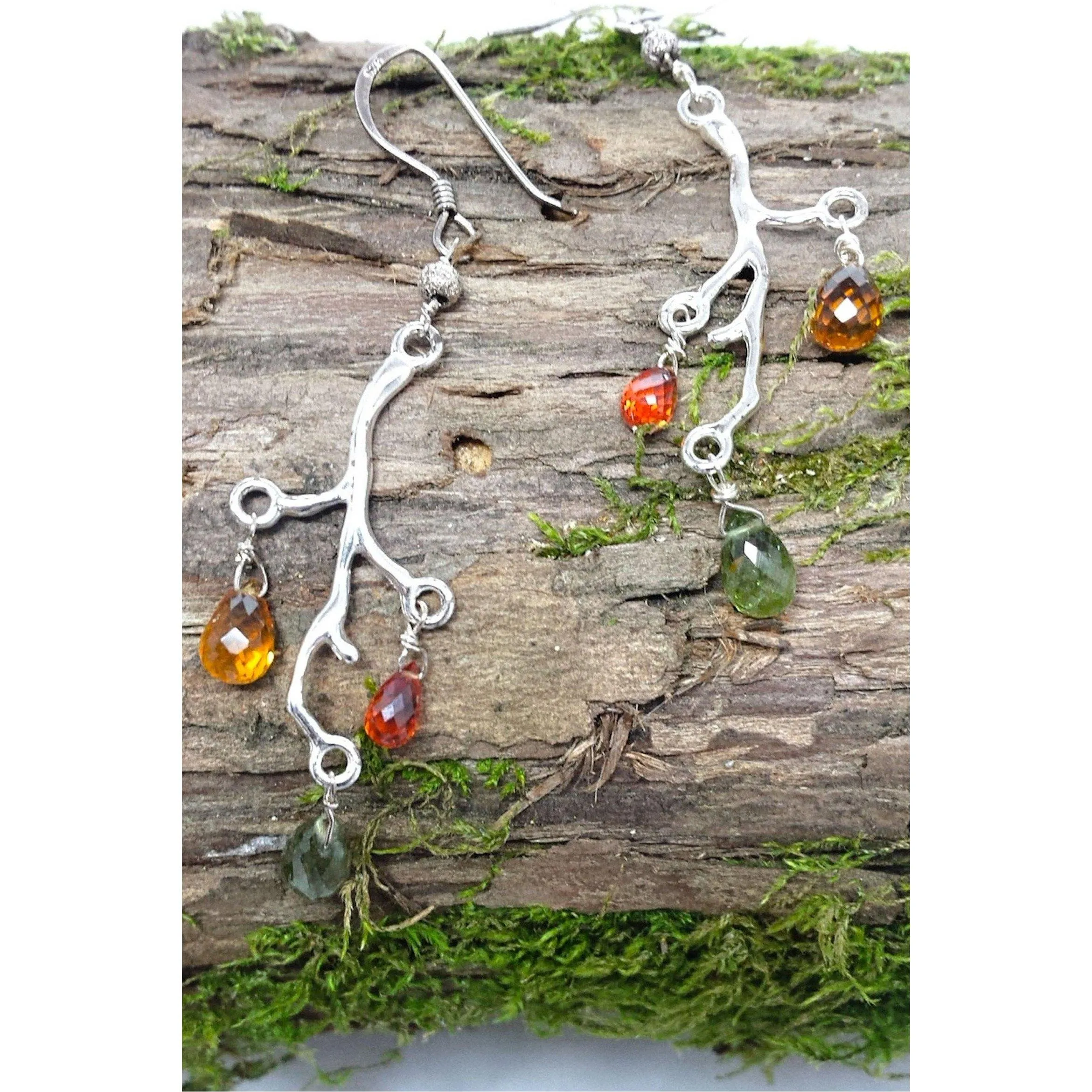 Natural Faceted Multicolor Sapphire Sterling Silver branch earrings