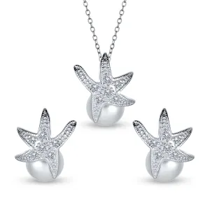 Nautical Simulated Pearl Pendant Necklace & Earrings Jewelry Set Sterling Silver