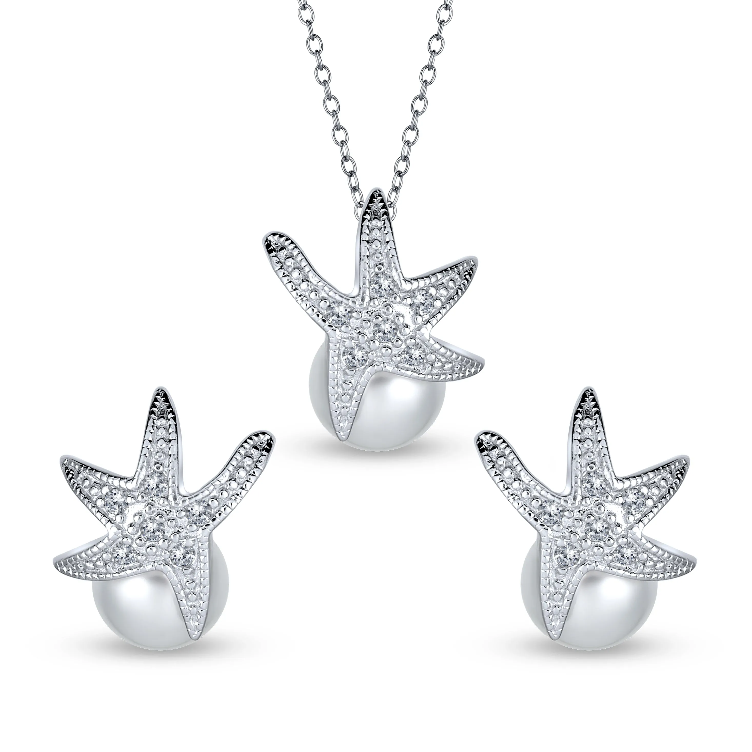 Nautical Simulated Pearl Pendant Necklace & Earrings Jewelry Set Sterling Silver