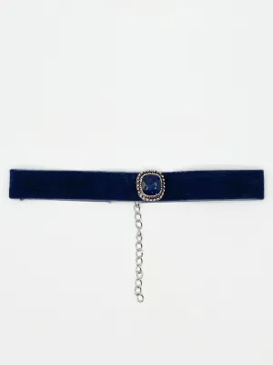 Navy Faux Velvet Choker Necklace with Blue Jewel