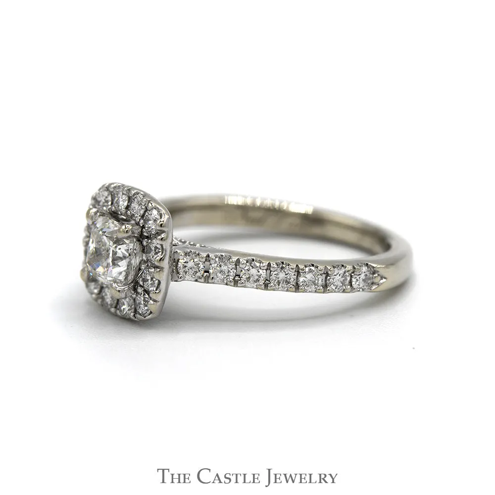 Neil Lane 1.5cttw Cushion Cut Diamond Solitaire Designer Engagement Ring with Diamond Halo and Accented Sides in 14k White Gold