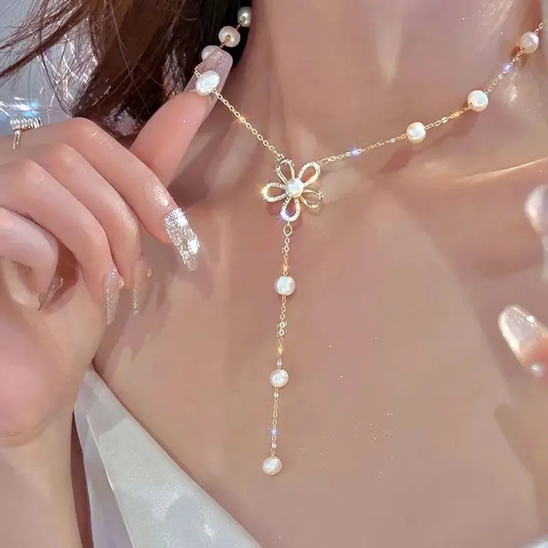 New Beads Women's Neck Chain Kpop Pearl Choker Necklace Gold Color Goth Chocker Jewelry On The Neck Pendant