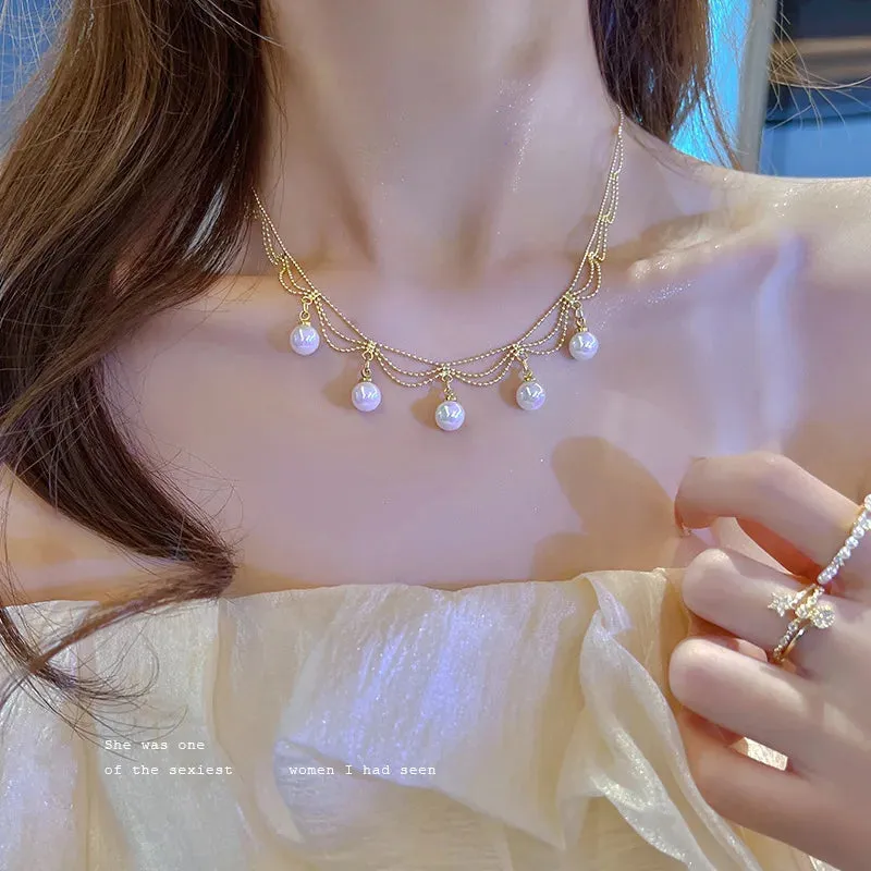 New Beads Women's Neck Chain Kpop Pearl Choker Necklace Gold Color Goth Chocker Jewelry On The Neck Pendant
