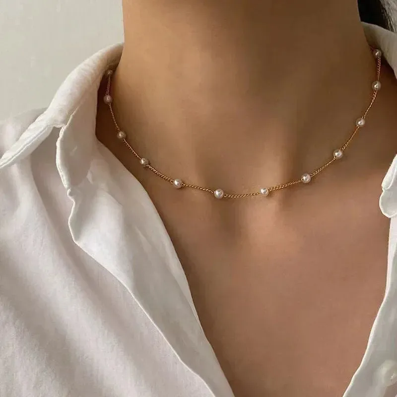 New Beads Women's Neck Chain Kpop Pearl Choker Necklace Gold Color Goth Chocker Jewelry On The Neck Pendant