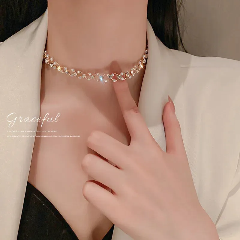 New Beads Women's Neck Chain Kpop Pearl Choker Necklace Gold Color Goth Chocker Jewelry On The Neck Pendant