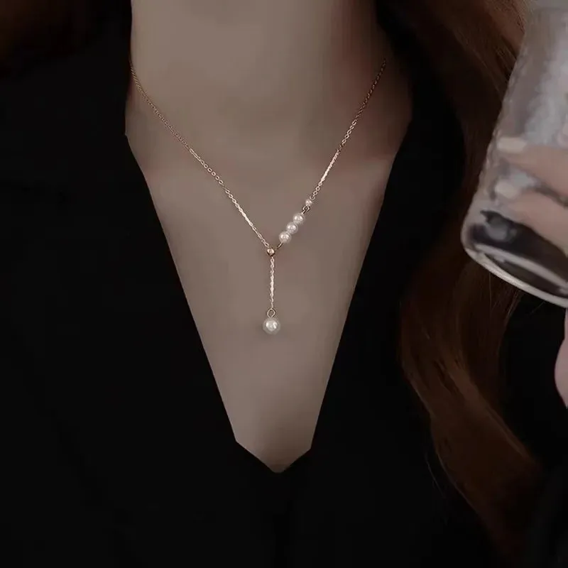 New Beads Women's Neck Chain Kpop Pearl Choker Necklace Gold Color Goth Chocker Jewelry On The Neck Pendant