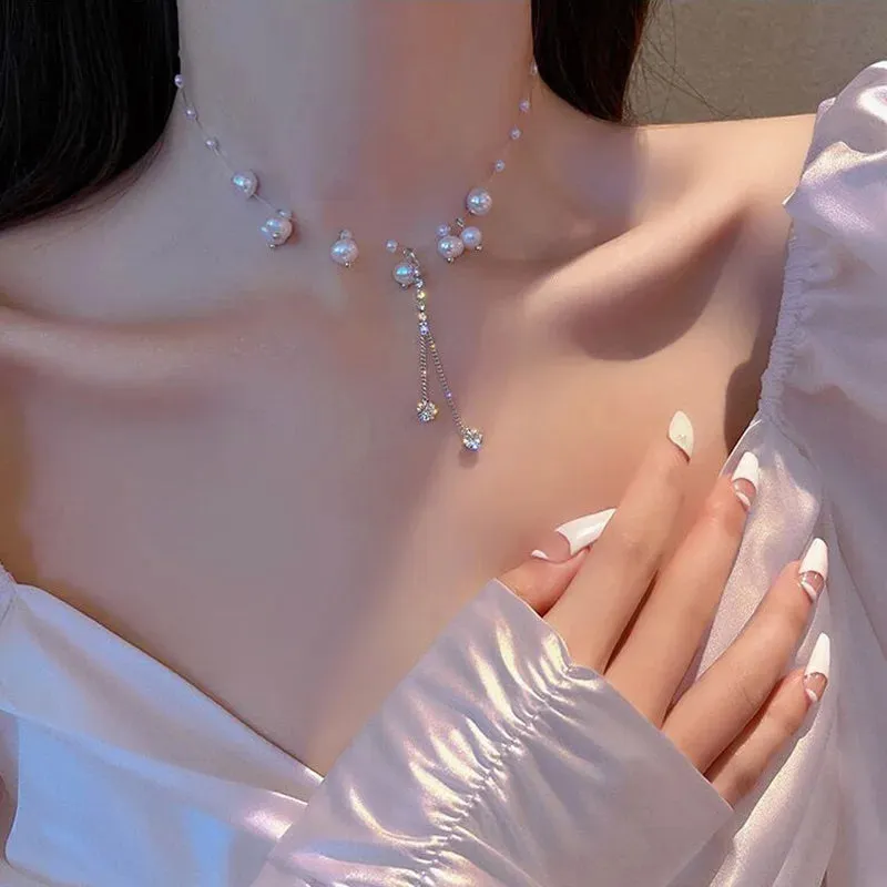 New Beads Women's Neck Chain Kpop Pearl Choker Necklace Gold Color Goth Chocker Jewelry On The Neck Pendant