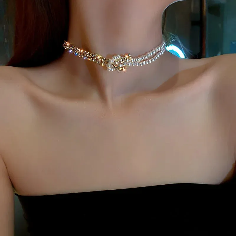 New Beads Women's Neck Chain Kpop Pearl Choker Necklace Gold Color Goth Chocker Jewelry On The Neck Pendant