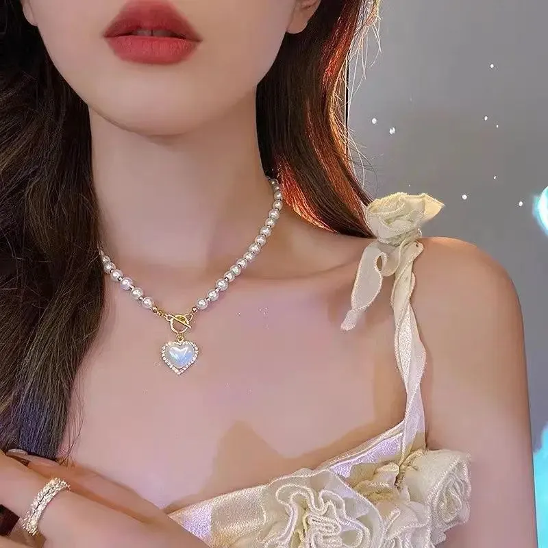 New Beads Women's Neck Chain Kpop Pearl Choker Necklace Gold Color Goth Chocker Jewelry On The Neck Pendant