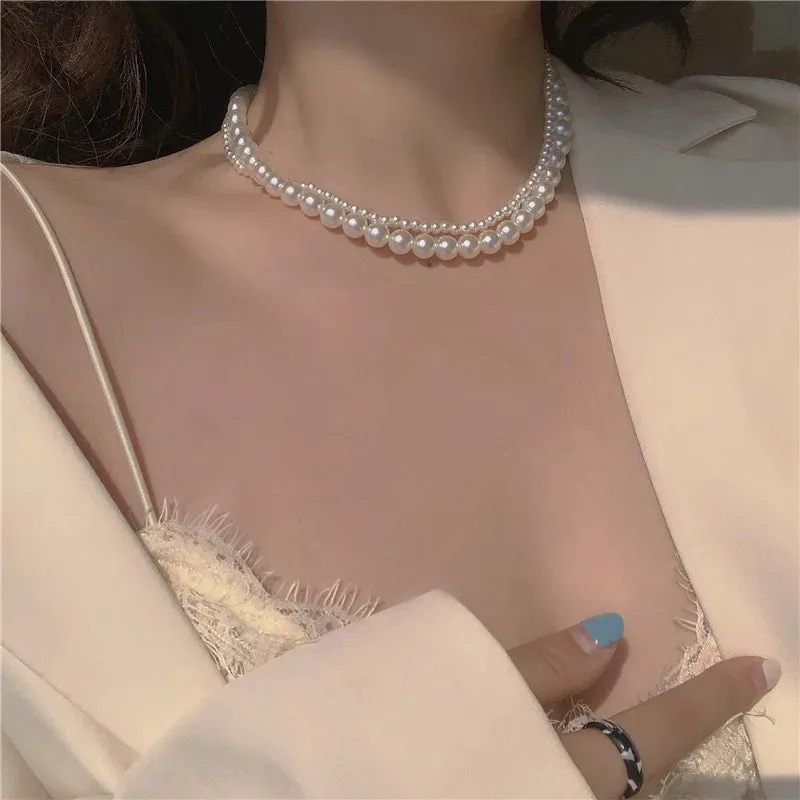 New Beads Women's Neck Chain Kpop Pearl Choker Necklace Gold Color Goth Chocker Jewelry On The Neck Pendant