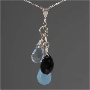 Onyx, Aquamarine and Jade Briolette Drop Necklace