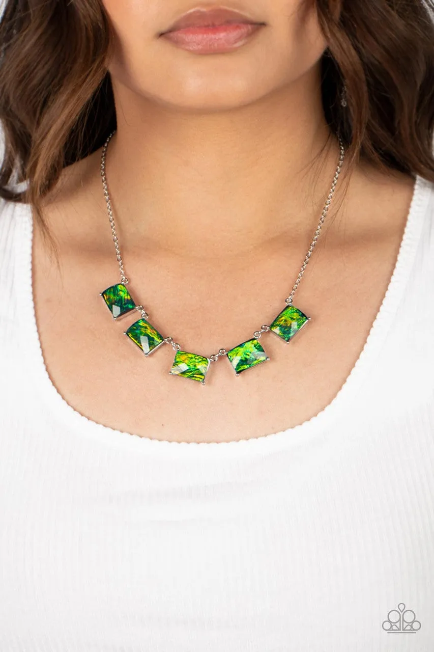 Opalescent Oblivion - Green - Emerald Cut Gem Paparazzi Short Necklace