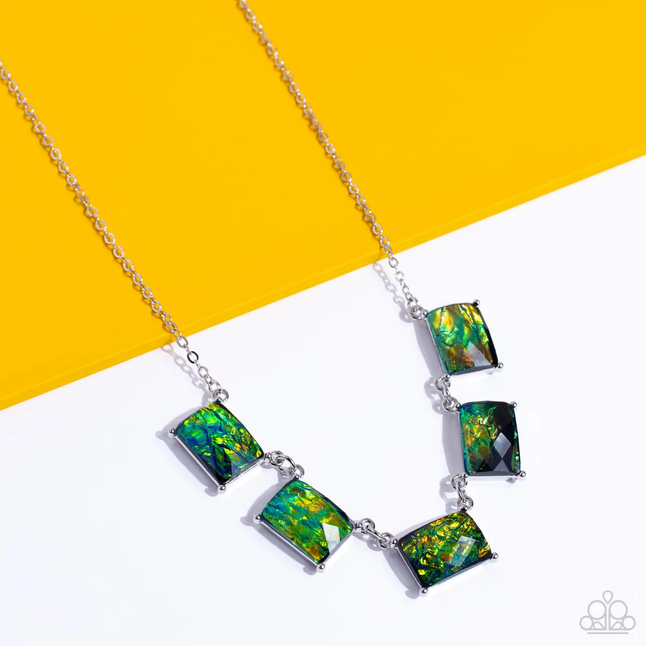 Opalescent Oblivion - Green - Emerald Cut Gem Paparazzi Short Necklace