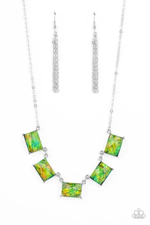 Opalescent Oblivion - Green - Emerald Cut Gem Paparazzi Short Necklace