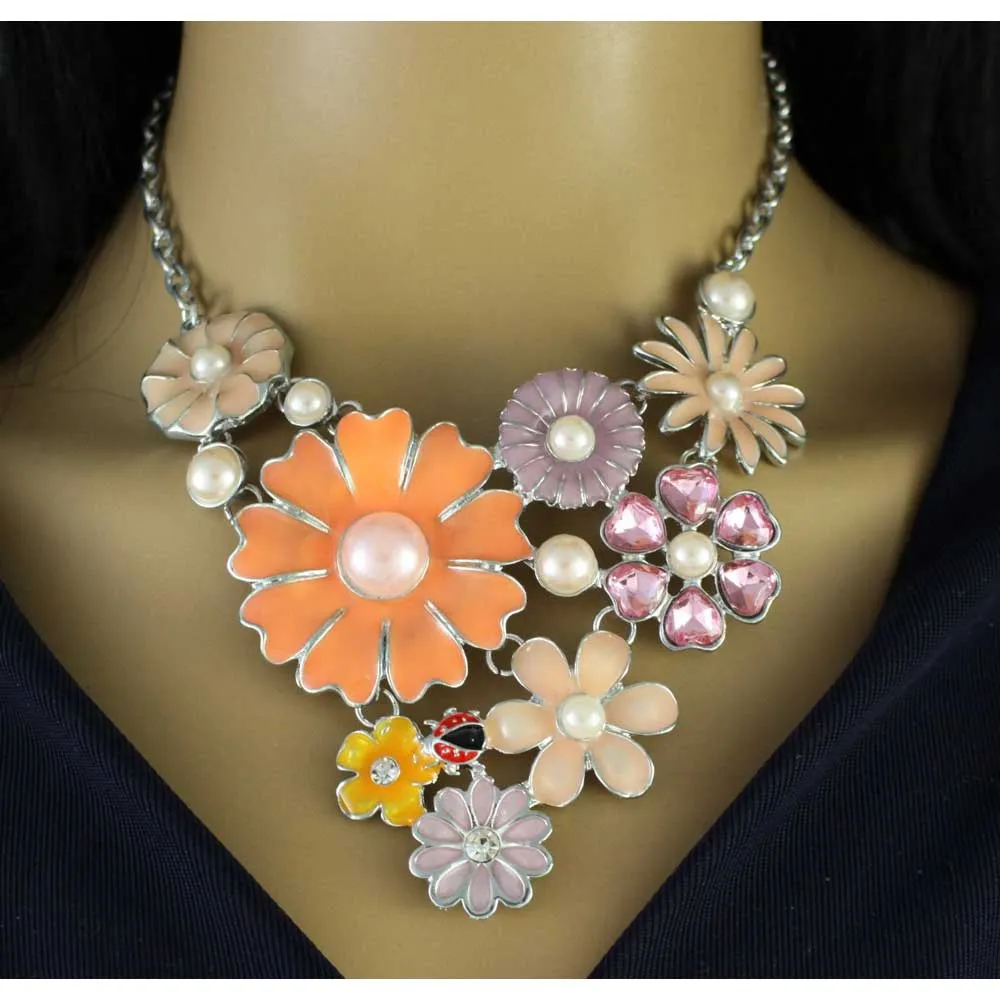 Orange Enamel Garden of Spring Flowers Necklace - RSN520