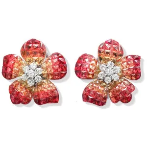 Orange Sapphire & Diamond Floral Earrings, 18k Gold